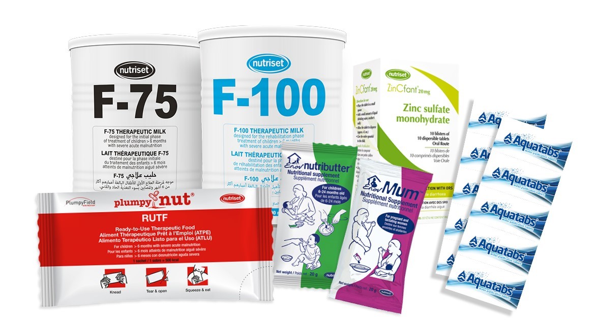 Nutritional supplements and water purification tablets (Aquatabs) used in humanitarian aid, such as in the Horn of Africa.