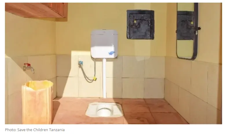 Newly constructed latrines at a school in Tanzania, built as part of a Save the Children project focused on education for peacebuilding, to improve menstrual hygiene management for girls.