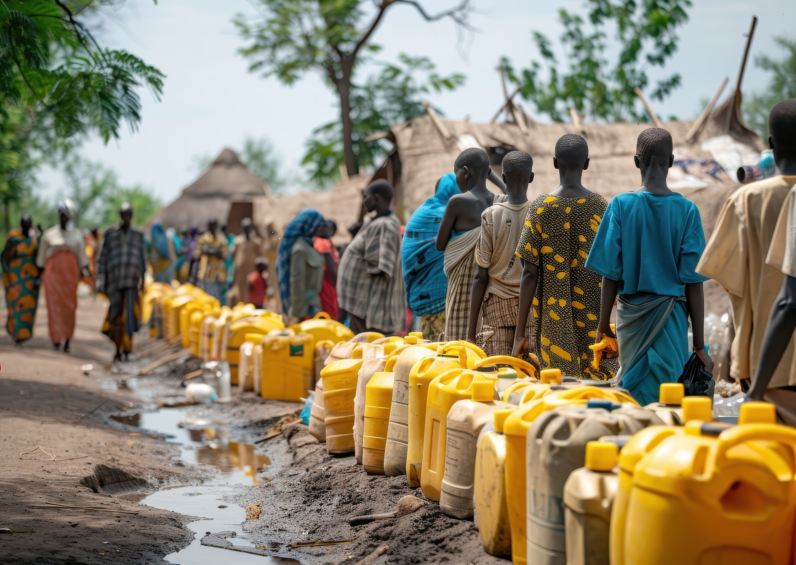 People waiting in line for water at a displacement camp in South Sudan