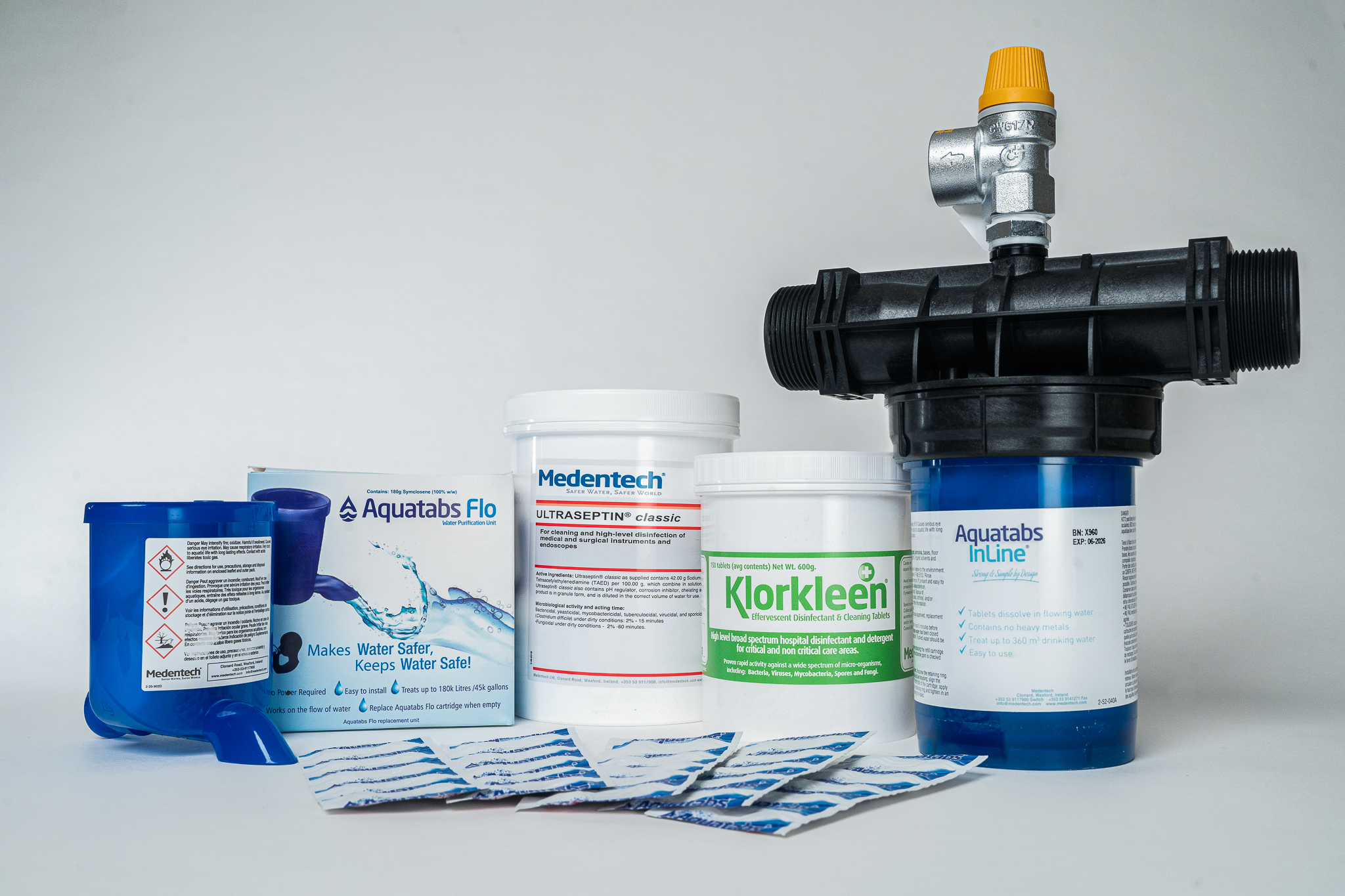 The complete Aquatabs WASH kit, including products for water, surface, hand, and instrument disinfection.