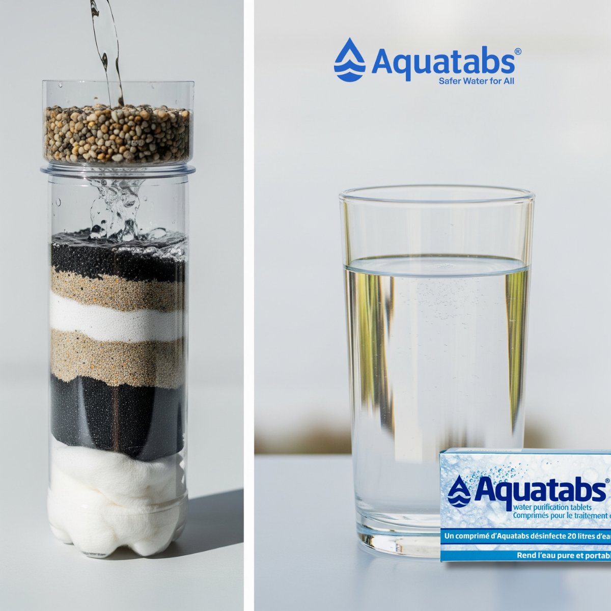 A side-by-side image of a homemade DIY water filtration system and a glass of purified water with an Aquatabs package.